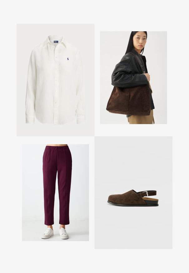 Witte linnen blouse met lange mouwen, knoopsluiting en knopen aan de voorkant. Heeft een klein blauw geborduurd logo op de borst.; Bordeauxrode pull-on broeken met een rechte pijp, met een gladde textuur en contrasterende stiksels. Gepaard met witte sneakers.; Bruin suède instapper met een lage hak, een verstelbare band met een zilveren gesp en een zwarte rubberen zool.; Bruine suède tote bag met een brede vorm en zachte textuur, voorzien van een enkele schouderband en minimale hardware tegen een neutrale achtergrond.