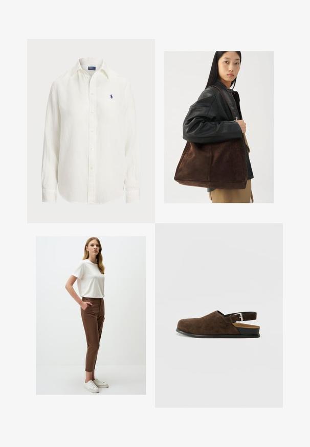 Witte linnen blouse met lange mouwen, knoopsluiting en knopen aan de voorkant. Heeft een klein blauw geborduurd logo op de borst.; Witte T-shirt met korte mouwen in combinatie met bruin aansluitende broeken, voorzien van zijzakken en een gladde textuur, aangevuld met witte sneakers.; Bruin suède instapper met een lage hak, een verstelbare band met een zilveren gesp en een zwarte rubberen zool.; Bruine suède tote bag met een brede vorm en zachte textuur, voorzien van een enkele schouderband en minimale hardware tegen een neutrale achtergrond.
