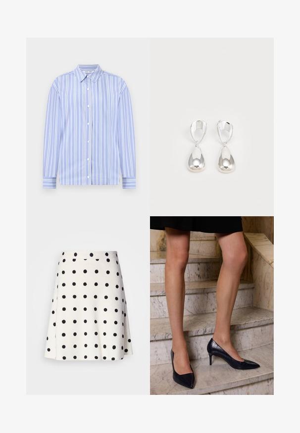 Gaiši zils garām piedurknēm krekls ar baltām vertikālām svītrām, pogu aizdare, pogu kakls un priekšējā pogu aizdare; gluda auduma ar strukturētu dizainu.; Marc Cain A-silueta svārki - white/black; Tumši zilie augstpapēžu apavi ar smailo pirkstu, ar gludu un teksturētu apdari, kas atgādina krokodila ādu.; Sudraba pilienu auskari ar gludu, spīdīgu apdari. Dizains ietver asaru formas elementu ar savienotām sekcijām.