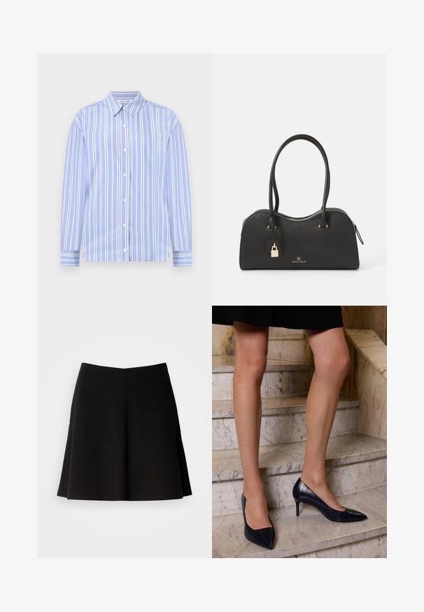 Gaiši zils garām piedurknēm krekls ar baltām vertikālām svītrām, pogu aizdare, pogu kakls un priekšējā pogu aizdare; gluda auduma ar strukturētu dizainu.; Melna izplūstoša svārku forma no mīksta auduma, ar pieguļošu jostu un šuvju izstrādājumu. Gluda tekstūra ar vienkāršu, klasisku dizainu.; Tumši zilie augstpapēžu apavi ar smailo pirkstu, ar gludu un teksturētu apdari, kas atgādina krokodila ādu.; Melnā rokassoma, izgatavota no teksturēta sintētiska materiāla ar izliekta dizaina, zelta detaļām, divām rokturām un atvienojamu slēdzenes akcentu.; Sudraba pilienu auskari ar gludu, spīdīgu apdari. Dizains ietver asaru formas elementu ar savienotām sekcijām.