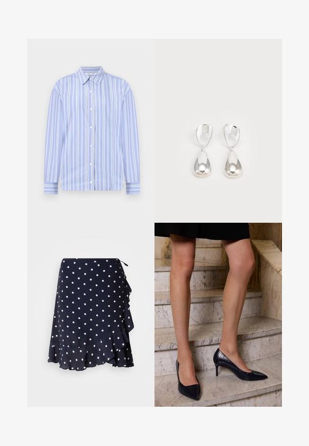 Šviesiai mėlynas ilgomis rankovėmis marškinis su baltais vertikaliais dryžiais, su mygtukų apykakle ir priekyje esančiu mygtukų uždarymu; minkšta medžiaga su struktūrizuotu dizainu.; GANT DOT PRINT FRILL SKIRT - Susiaučiamas sijonas - evening blue; Tamsiai mėlynos aukštakulnės bateliai su smailiu pirštu, turi sklandų ir tekstūruotą paviršių, primenantį krokodilų odą.; Sidabriniai pakabukai auskarai, turintys lygią, poliruotą apdailą. Dizainas apima ašaros formos elementą su tarpusavyje sujungtais sekcijomis.