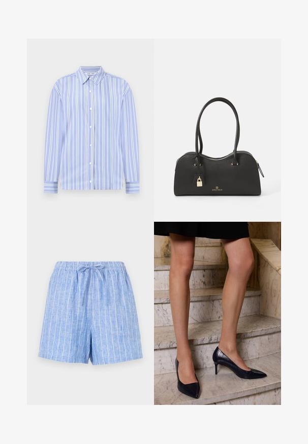 Šviesiai mėlynas ilgomis rankovėmis marškinis su baltais vertikaliais dryžiais, su mygtukų apykakle ir priekyje esančiu mygtukų uždarymu; minkšta medžiaga su struktūrizuotu dizainu.; Šviesiai mėlyni lininiai šortai su baltais vertikaliais dryžiais, su elastinga juosta ir pririštu raiščiu priekyje.; Tamsiai mėlynos aukštakulnės bateliai su smailiu pirštu, turi sklandų ir tekstūruotą paviršių, primenantį krokodilų odą.; Juoda rankinė, pagaminta iš tekstūruotos sintetinės medžiagos, su užapvalinta forma, auksiniais aksesuarais, dviem rankenomis ir nuimamu užrakto akcentu.; Sidabriniai pakabukai auskarai, turintys lygią, poliruotą apdailą. Dizainas apima ašaros formos elementą su tarpusavyje sujungtais sekcijomis.