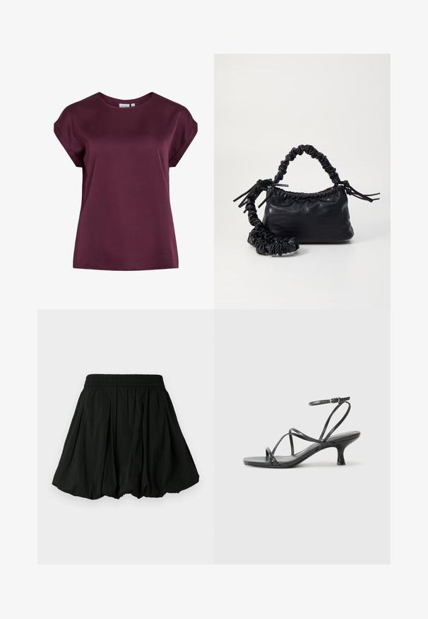 Bordeaux korte mouwen top met een ronde halslijn, gemaakt van soepele, lichte stof, met een losse pasvorm en een eenvoudig ontwerp.; Zwarte rok met een elastische tailleband, met een geplooid ontwerp. Het materiaal lijkt lichtgewicht met een gladde textuur.; Zwarte hoge hakken sandalen met dunne banden, open teen ontwerp en een kleine, uitlopende hak. Het materiaal lijkt glad en glanzend.; Zwarte nepleer handtas met een krokodillenstructuur, opgedroogde bovenkant en een gekreukte hengsel. Het lijkt zacht en compact van ontwerp.