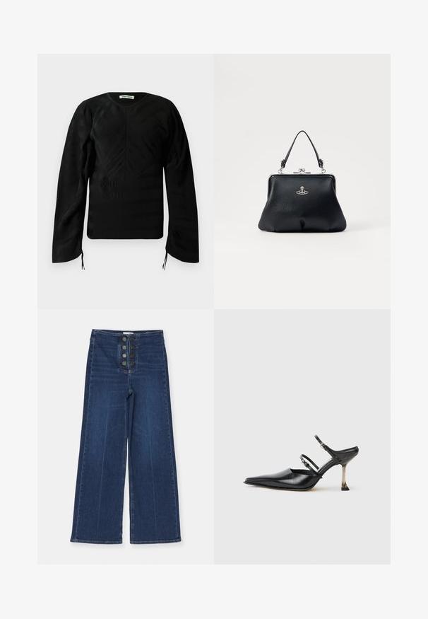 Black long-sleeve textured top with subtle wavy patterns, crew neckline, slightly puffed shoulders, and small ties at the sleeve ends.; Wide-leg denim jeans in dark blue, featuring a high waist and five-button front closure, with a smooth texture and slight fading.; Black leather point-toe slingback shoe with two adjustable straps and a metallic heel. Smooth texture and minimalist design.; Black leather handbag with a textured surface, silver hardware, clasp closure, and a short handle for carrying. Compact and structured design.