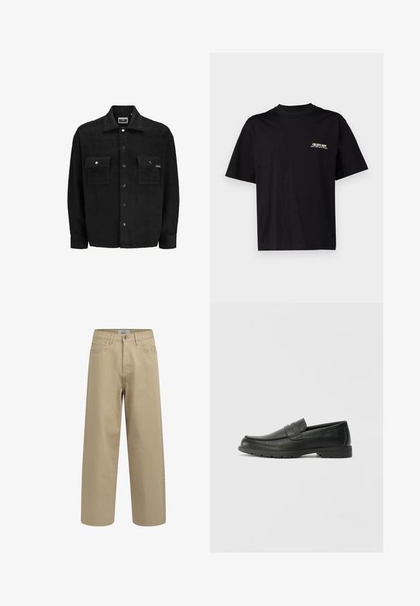 Črna flis jakna z teksturiranim zaključkom, ki vsebuje dve prsni žep, zapiranje na pritisne gumbe in klasičen dizajn ovratnika.; Črna bombažna majica s kratkimi rokavi, okroglo ovratnico in tiskom na sprednjem levem prsnem delu v beli in zlati barvi, ki ima sproščen kroj.; Bež hlače širokih nogavic, narejene iz bombažnega blaga. Opremljene so z gumbom za zapiranje, zanke za pas in sprednjimi žepi. Imajo gladko teksturo brez vidnih vzorcev.; Črne usnjene loafer čevlje z gladko površino, zgornjim delom v slogu mokasin, šivanimi detajli in gumijastim podplatom. Klasična zasnova z nizko peto.