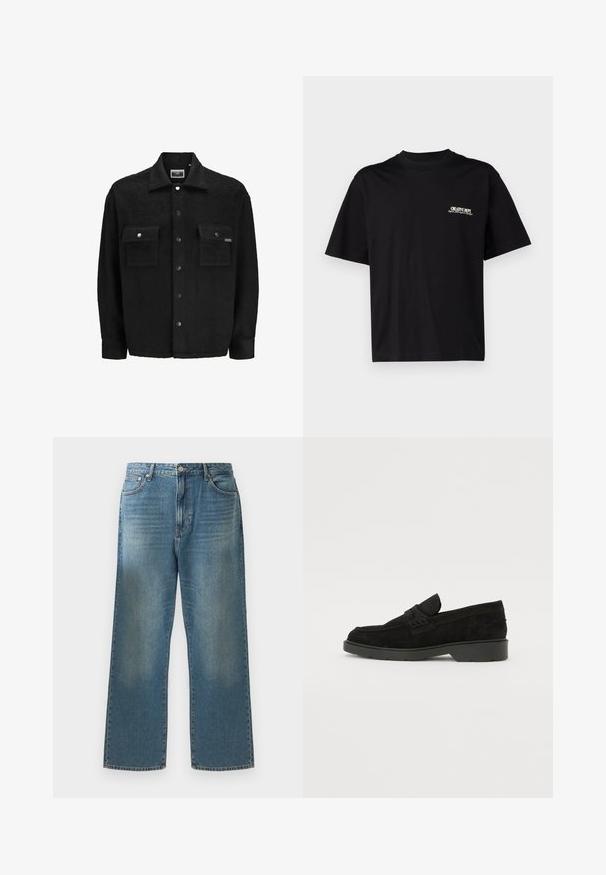 Zwarte fleece jas met een gestructureerde afwerking, voorzien van twee borstzakken, drukknopen en een klassieke kraagontwerp.; Zwarte katoenen t-shirt met korte mouwen, ronde hals, en een print op de voorkant van de linkerborst in witte en gouden tekst, met een ontspannen pasvorm.; Blauwe denim jeans met een wijde pijp, voorzien van een vervaagde wassing, een klassiek vijf-pocket ontwerp en een metalen knoopsluiting bij de taille.; Zwarte suède instappers met een lage hak, voorzien van een eenvoudige band over de bovenkant en een gestructureerd detail langs de zijkanten.