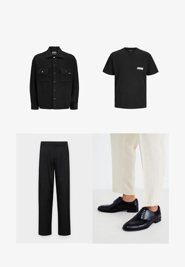 Black fleece jacket with a textured finish, featuring two chest pockets, snap button closures, and a classic collar design.; Black cotton t-shirt with short sleeves, crew neck, and a white logo print on the left side of the chest. Smooth texture, classic fit.; Black trousers made of smooth fabric, featuring a straight-leg design, two front pleats, and standard waistband with belt loops.; Call it Spring CARLISLE - Smart lace-ups - black