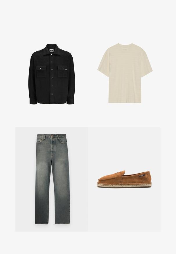 Veste en polaire noire à finition texturée, dotée de deux poches poitrine, de fermetures à boutons-pression et d'un design de col classique.; T-shirt crème à manches courtes avec une texture rayée subtile et un col rond, fabriqué en tissu léger.; Jack & Jones JJIALEX JJCOOPER - Jean baggy - black denim; Chaussure slip-on en suede marron avec un bout arrondi, présentant une semelle en jute tissée et une petite sangle d'accent à l'avant.