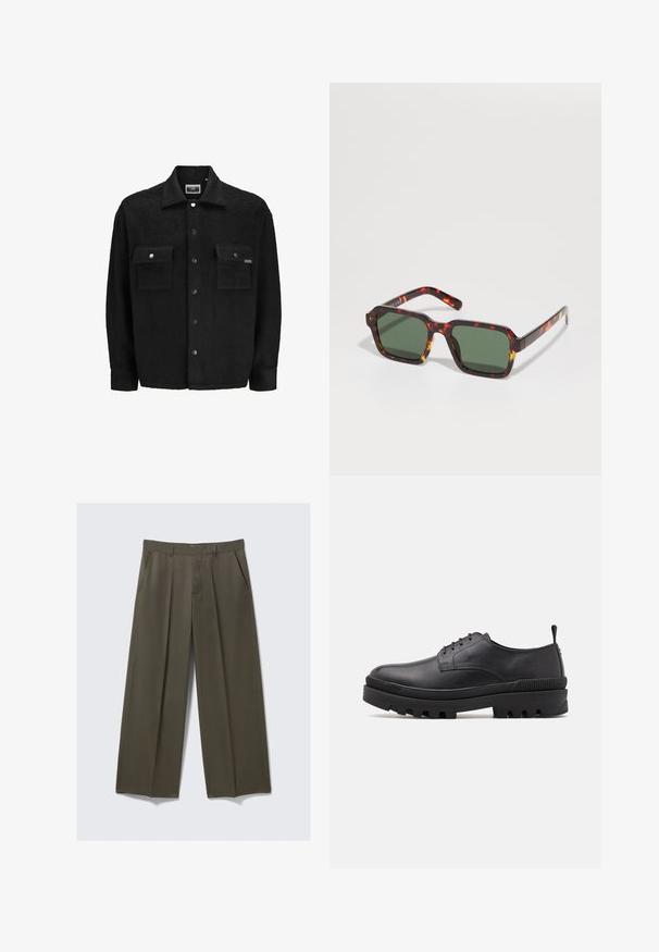 Svart fleecejacka med en texturerad finish, som har två bröstfickor, tryckknappsstängningar och en klassisk kragsdesign.; Svart kortärmad T-shirt med rund hals och avslappnad passform, visad mot en vit bakgrund.; Vidbyxlade byxor i olivgrön färg, tillverkade av ett mjukt material. Har framfickor, en platt front och sömnadsveck för struktur.; Svart lädersko med rund tå, snörningsdesign och rejält gummisula. Har en dragflik vid hälen och texturerade accenter.; Skalbaggesolglasögon med fyrkantiga bågar, gröntonade linser och kontrasterande orange detaljer längs kanterna på armarna.