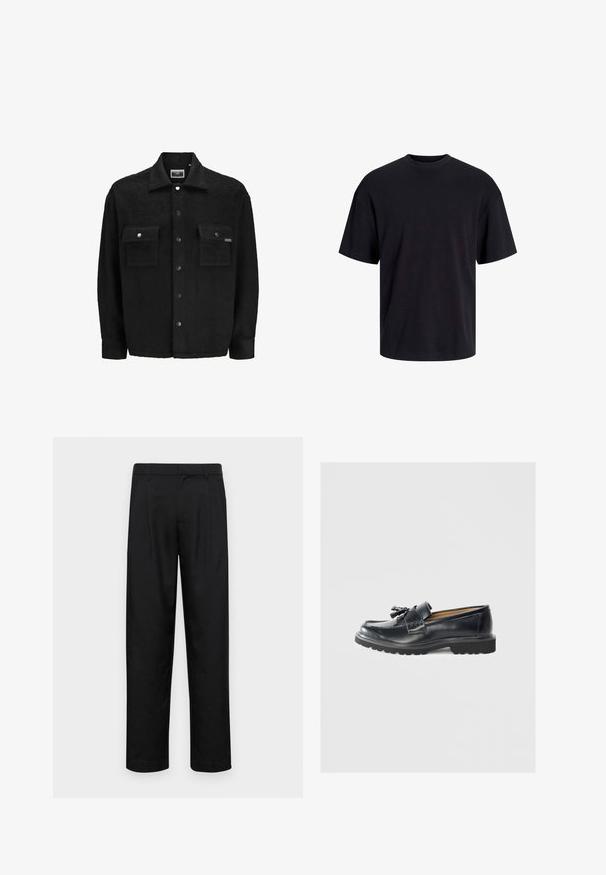 Jachetă din fleece neagră cu un finisaj texturat, având două buzunare pe piept, închidere cu capse și un design clasic al gulerului.; Tricou din bumbac negru, cu guler rotund, mâneci scurte și o croială lejeră. Textură netedă și fără modele sau accente vizibile.; Pantaloni negri dintr-un material neted, cu un design drept, două pliuri frontale și un tiv standard cu bucle pentru curea.; Mocasini din piele neagră, cu o talpă plată pronunțată, detalii cusute, decor cu ciucuri și o finisare netedă.