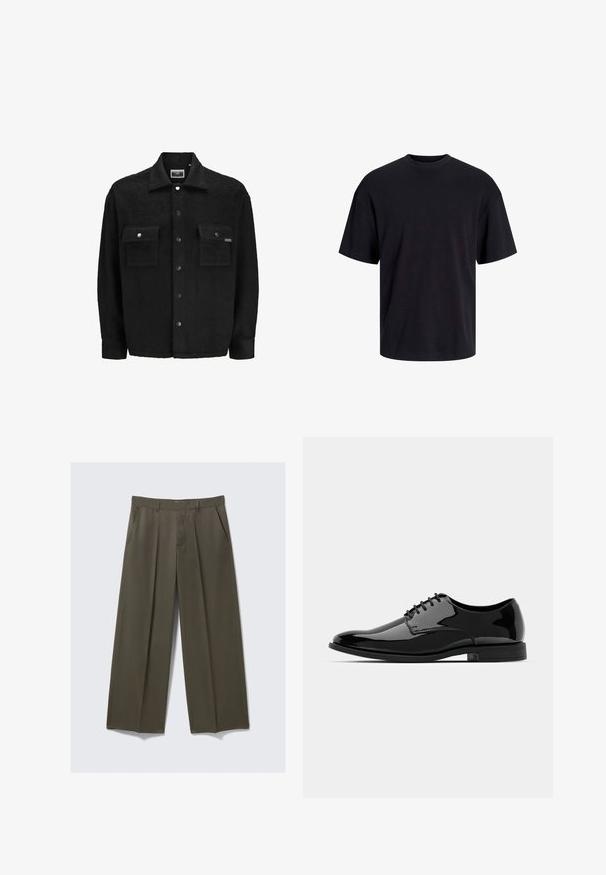 Chaqueta de forro polar negra con un acabado texturizado, que presenta dos bolsillos en el pecho, cierres de botones a presión y un diseño de cuello clásico.; Camiseta de algodón negra con cuello redondo, mangas cortas y un ajuste relajado. Textura suave y sin patrones ni acentos visibles.; Pantalones de pierna ancha en verde oliva, confeccionados en una tela suave. Presentan bolsillos frontales, un delantero plano y pliegues cosidos para mayor estructura.; Zapato de vestido de charol negro con puntera redondeada, diseño de cordones y superficie lisa y brillante. Cuenta con una suela de goma de perfil bajo.