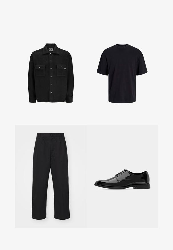 Chaqueta de forro polar negra con un acabado texturizado, que presenta dos bolsillos en el pecho, cierres de botones a presión y un diseño de cuello clásico.; Camiseta de algodón negra con cuello redondo, mangas cortas y un ajuste relajado. Textura suave y sin patrones ni acentos visibles.; Pantalones de algodón negros con corte recto, con cierre de botón, dos bolsillos delanteros y una textura suave.; Zapato de vestido de charol negro con puntera redondeada, diseño de cordones y superficie lisa y brillante. Cuenta con una suela de goma de perfil bajo.