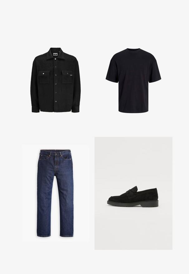 Czarna polarowa kurtka o teksturowym wykończeniu, z dwoma kieszeniami na piersi, zapięciem na napy oraz klasycznym kołnierzem.; Czarna bawełniana koszulka z okrągłym dekoltem, krótkimi rękawami i luźnym krojem. Gładka tekstura, bez widocznych wzorów czy akcentów.; Granatowe dżinsy o prostym kroju z przodu na guzik, z zapięciem na zamek błyskawiczny, pięcioma kieszeniami i miedzianymi nitami.; Czarne zamszowe mokasyny z niskim obcasem, z prostą taśmą na górze i teksturowanymi detalami po bokach.