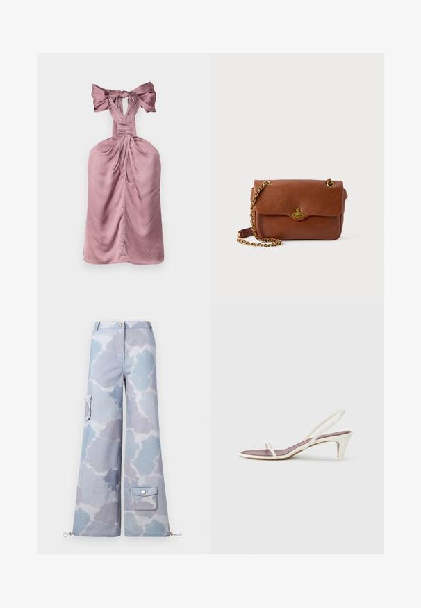 Vaaleanpunainen halterneck-mekko, jossa on solmittu nauha kaulassa, kerättyjä kankaita, sileä tekstuuri ja vartaloa myötäilevä leikkaus.; Leve-leggede cargo bukser i et lyst blått og grått sky-mønster, med en sidelomm og justerbar snøring i kanten.; Valkoiset nilkkaketjulliset sandaalit, joissa on pieni korko, ohuet hihnat ja sileä nahkapinta; varustettu pienellä koristeellisella soljella.; Ruskea nahkainen olkalaukku, jossa on läppäkiinnitys, kultaiset yksityiskohdat ja ketjuhihna. Sileä pinta, suorakulmainen muoto, minimaalinen yksityiskohtaisuus.