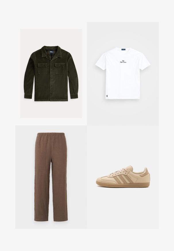 Dark green corduroy shirt jacket with a collared neck, two chest pockets, black buttons, and long sleeves. Smooth texture and vertical lines.; White cotton t-shirt with crew neck, short sleeves, black embroidered "Polo Ralph Lauren" logo on chest, and small black logo on hem.; Brown linen trousers with a relaxed fit, featuring a stretchy elastic waistband and straight legs, smooth texture, and minimal detailing.; Beige leather sneakers with three horizontal stripes, round toe, flat brown rubber sole, and soft fabric lining on the collar and tongue.
