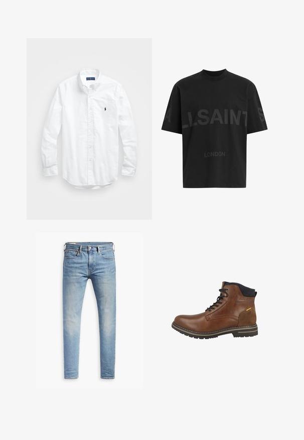 Bílá košile s dlouhým rukávem a knoflíkovým zapínáním vyrobená z bavlny. Má klasický límec, knoflíkové manžety a malé námořnické vyšívané logo na hrudi.; Černé oversized tričko s tmavě šedým nápisem "ALLSAINTS" na hrudi a menším textem "LONDON" pod ním.; Světle modré slim-fit džíny s mírným vyblednutím na stehnech, zapínání na knoflík vpředu, poutka na opasek a pět kapes na bílém pozadí.; Hnědé kožené kotníkové boty s semišovým akcentem, textilním límcem, šněrováním a gumovou podrážkou s dezénem pro lepší přilnavost.