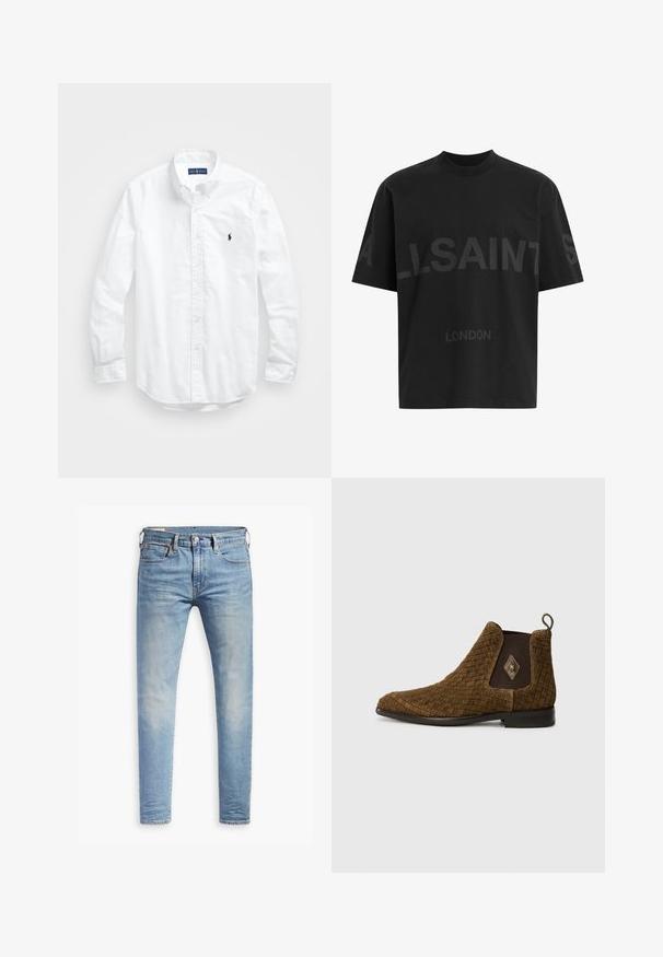 Camisa de botões de manga longa branca em algodão. Apresenta um colarinho clássico, punhos com botão e um pequeno logótipo bordado em azul-marinho no peito.; T-shirt oversized preta com texto em cinza escuro "ALLSAINTS" ao longo do peito e "LONDRES" em letras menores abaixo.; Jeans slim fit em azul claro com leve desbotamento nas coxas, fecho frontal por botão, passantes para cinto e estilo de cinco bolsos sobre um fundo branco.; Botim de tornozelo em tom castanho, com biqueira pontuda, painéis laterais elásticos e uma alça na parte de trás. Apresenta um destaque em forma de diamante no lado externo.
