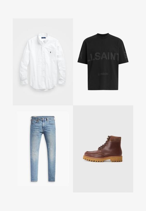 Valge pikkade varrukatega kotitõmblusega särk puuvillast. Omab klassikalist kraed, nööpidega mansette ja väikest tumesinist tikandit rinnal.; Musthave suuruses must T-särk tumedatest halli "ALLSAINTS" tekstiga rinnal ja väiksemate tähtedega all "LONDON".; Heledad hallidega helesinised kitsad teksad, millel on kerge kulumine reitel, ees nupuga sulgemine, vöölõngad ja viie taskuga stiil, valgel taustal.; Pruunid nahast pahkluu saapad sametist aktsentidega, ümmargune varvas ja tekstureeritud kummist tallaosa. Omab metallist silmade ja lamedate paeltega.