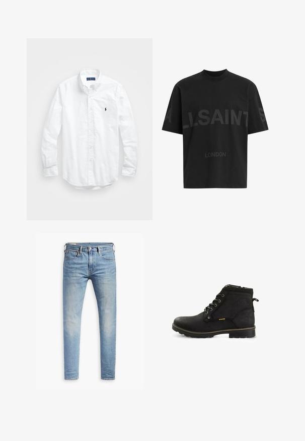 Camicia bianca a maniche lunghe con bottoni in cotone. Presenta un colletto classico, polsini a bottone e un piccolo logo ricamato in blu navy sul petto.; T-shirt nero oversize con il testo grigio scuro "ALLSAINTS" sul petto e "LONDON" in lettere più piccole sottostante.; Jeans slim fit blu chiaro con leggere sfumature sulle cosce, chiusura con bottone anteriore, passanti per cintura e cinque tasche su uno sfondo bianco.; Stivaletti neri con una texture in pelle liscia, punta rotonda, sei occhielli metallici, dettaglio giallo e una suola in gomma robusta.