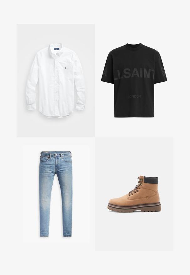 White long-sleeve button-up shirt in cotton. Features a classic collar, button cuffs, and a small navy embroidered logo on the chest.; Black oversized T-shirt with dark grey "ALLSAINTS" text across chest and "LONDON" in smaller letters below.; Light blue slim-fit jeans with slight fading on thighs, front button closure, belt loops, and five-pocket styling on a white background.; Tan leather hiking boot with black padded collar, metal eyelets, brown laces, and thick brown treaded sole on white background.