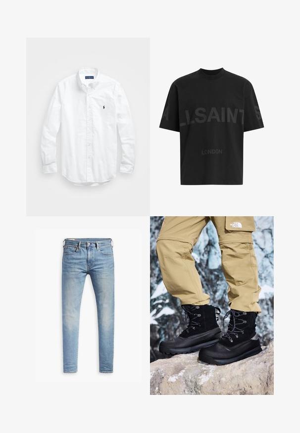 Bela dolg rokav srajca s gumbi iz bombaža. Ima klasičen ovratnik, gumbnice na zapestjih in majhen temno moder vezen logotip na prsih.; Črna bombažna majica z ohlapnim krojem, z velikim tonalnim napisom "ALLSAINTS" in besedo "LONDON" na sprednji strani. Kratki rokavi, okrogel izrez.; Svetlo modri oprijeti džins s blagim bledenjem na stegnenicah, sprednji gumbasti zapenjač, zanke za pas in pet žepov na belem ozadju.; Črne vodoodporne čevlje z teksturiranim semiš zgornjim delom, ojačanim prstom in gumijastim podplatom. V kombinaciji z bež izletniškimi hlačami z zadrgo.
