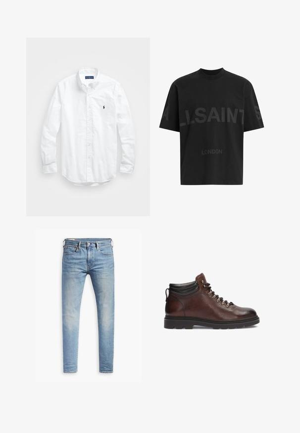 Balta ilga rankovė mygtukų marškiniai iš medvilnės. Pasižymi klasikinėmis apykaklėmis, mygtukų rankogaliais ir mažuoju tamsiai mėlynu siuviniu su logotipu ant krūtinės.; Juodas per didelis marškinėliai su tamsiai pilku „ALLSAINTS“ tekstu krūtinėje ir „LONDON“ mažesnėmis raidėmis žemiau.; Šviesiai mėlyni aptempti džinsai su lengvu nudėvėjimu šlaunyse, priekyje užsegami mygtuku, su diržo kilpelėmis ir penkių kišenių stiliumi ant baltos fono.; Rudos odinės žygio botai su tekstūruotu paviršiumi, sidabriniais akmenukais ir juodu kulkšnies apvadais. Guminis padas su tvirtu raštu.