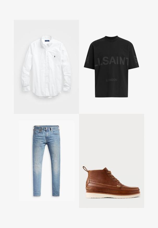 Hvit langermet skjorte i bomull med knapper. Har en klassisk krage, knappe mansjetter og en liten marineblå brodert logo på brystet.; Svart oversized T-skjorte med mørkegrå "ALLSAINTS" tekst over brystet og "LONDON" i mindre bokstaver under.; Lyseblå slim-fit jeans med svak falming på lårene, frontknappelukking, beltehemper, og fem-lomme design på hvit bakgrunn.; Brune lær ankelsko med kremfarget gummisåle, snøring foran, moc toe-søm, og trekkstroppe bak, vist i profil på hvit bakgrunn.