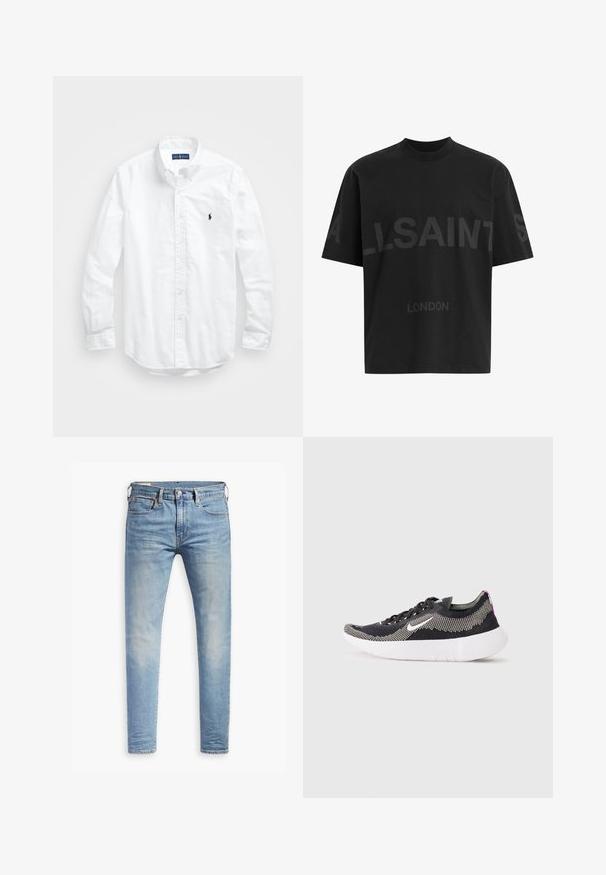 Fehér, hosszú ujjú, gombos férfiing pamutból. Klasszikus gallérral, gombos mandzsettával és egy kis sötétkék hímzett logóval a mellrészen.; Fekete, túlméretes póló sötétszürke "ALLSAINTS" felirattal a mellkason, alatta kisebb betűkkel "LONDON" felirattal.; Világoskék, slim fit farmernadrág enyhe kopással a combokon, elöl gombos záródással, övbujtatókkal és öt zsebbel, fehér háttérrel.; Fekete és zöld kötött sportcipő fehér talppal, kerek orral, és texturált felsőrésszel, amelyen finom pöttyös minta látható, valamint fekete fűzőkkel.