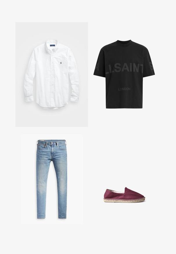 Hvid langærmet skjorte i bomuld. Har en klassisk krave, knapmanchetter og et lille marineblåt broderet logo på brystet.; Sort oversized T-shirt med mørkegrå "ALLSAINTS" tekst på tværs af brystet og "LONDON" i mindre bogstaver nedenfor.; Lyseblå slim-fit jeans med let slid på lårene, frontlukning med knap, bæltestropper og fem lomme-design på en hvid baggrund.; Toni Pons MONTGRI - Loafers - bordeaux