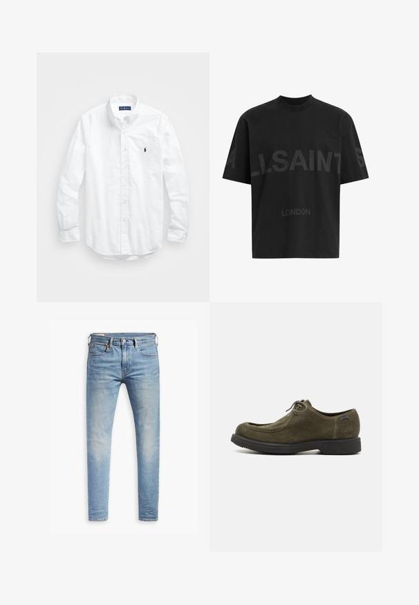 Bijela košulja dugih rukava s gumbima izrađena od pamuka. Ima klasični ovratnik, gumbaste manžete i mali brodasti logo u tamnoplavoj boji na prsima.; Crna majica od pamuka opuštenog kroja s velikim toniranim natpisom "ALLSAINTS" i tekstom "LONDON" na prednjoj strani. Kratki rukavi, okrugli izrez.; Svijetloplave uske traperice s laganim izblijedjenjem na bedrima, prednje kopčanje na dugme, petlje za remen i pet džepova na bijeloj pozadini.; Tamnozeleni nubuk cipele s glatkom teksturom, okruglim prstom, šivanim detaljima i crnom gumenom potplatom.