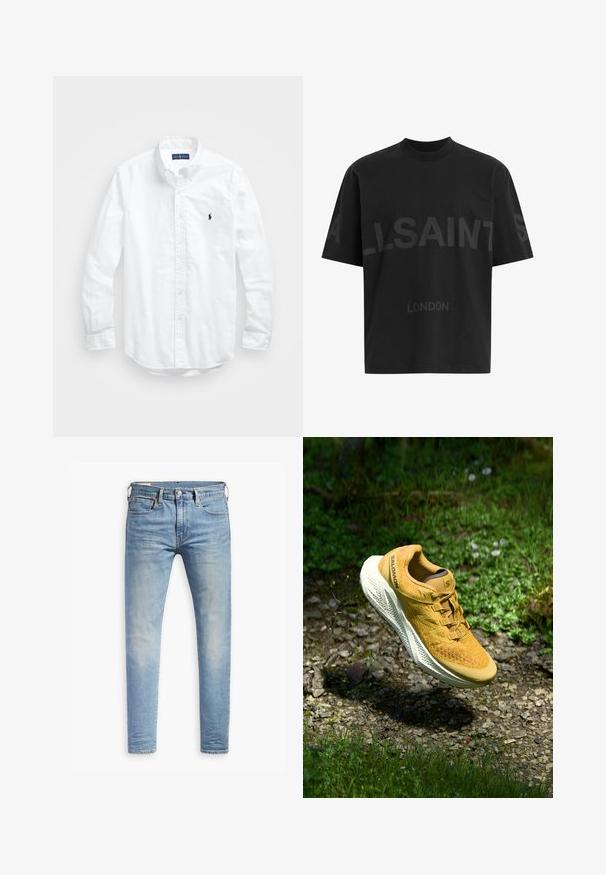 Fehér, hosszú ujjú, gombos férfiing pamutból. Klasszikus gallérral, gombos mandzsettával és egy kis sötétkék hímzett logóval a mellrészen.; Fekete, túlméretes póló sötétszürke "ALLSAINTS" felirattal a mellkason, alatta kisebb betűkkel "LONDON" felirattal.; Világoskék, slim fit farmernadrág enyhe kopással a combokon, elöl gombos záródással, övbujtatókkal és öt zsebbel, fehér háttérrel.; Sárga Salomon futócipő egy kavicsos ösvény felett lebeg, zöld fű és kis vadvirágok veszik körül természetes fényben.