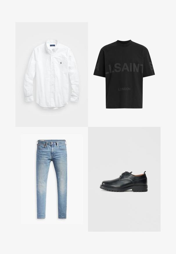 Camicia bianca a maniche lunghe con bottoni in cotone. Presenta un colletto classico, polsini a bottone e un piccolo logo ricamato in blu navy sul petto.; T-shirt nero oversize con il testo grigio scuro "ALLSAINTS" sul petto e "LONDON" in lettere più piccole sottostante.; Jeans slim fit blu chiaro con leggere sfumature sulle cosce, chiusura con bottone anteriore, passanti per cintura e cinque tasche su uno sfondo bianco.; Scarpe derby in pelle nera con superficie liscia, punta arrotondata, design con lacci e suola in gomma spessa e robusta.