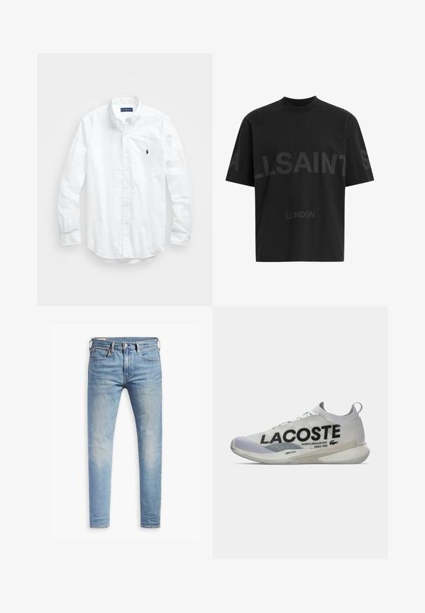 Witte lange mouwen overhemd van katoen. Voorzien van een klassiek kraag, knopenmanchetten en een klein marineblauw geborduurd logo op de borst.; Zwarte oversized T-shirt met donkergrijze tekst "ALLSAINTS" over de borst en "LONDEN" in kleinere letters eronder.; Lichtblauwe slim-fit jeans met een lichte vervaging op de dijen, knoopsluiting aan de voorkant, riemlussen en vijf-pocket styling op een witte achtergrond.; Lacoste sneaker heeft een lichte, witte mesh bovenkant met zwarte branding, een gebogen zool en LSRFOAM demping. Accenten in lichtgrijs.
