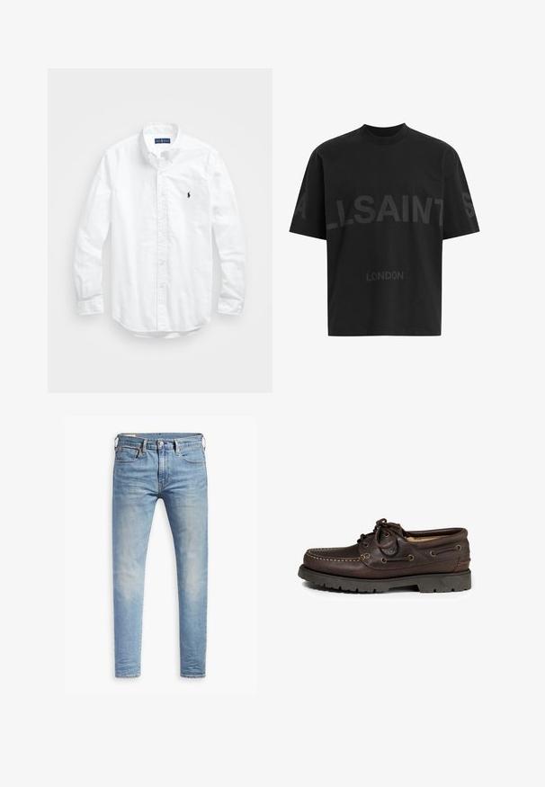 Bílá košile s dlouhým rukávem a knoflíkovým zapínáním vyrobená z bavlny. Má klasický límec, knoflíkové manžety a malé námořnické vyšívané logo na hrudi.; Černé oversized tričko s tmavě šedým nápisem "ALLSAINTS" na hrudi a menším textem "LONDON" pod ním.; Světle modré slim-fit džíny s mírným vyblednutím na stehnech, zapínání na knoflík vpředu, poutka na opasek a pět kapes na bílém pozadí.; Hnědé kožené lodní boty s zaoblenou špičkou, prošitím a kovovými oky na tkaničky. Gumová podešev s vzorem pro zvýšení trakce.
