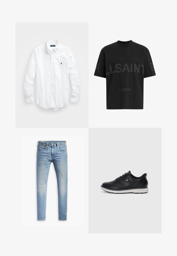 Balta garām piedurknēm pogājamā krekla izgatavots no kokvilnas. Iezīmē klasisku apkakli, poga aproces un mazu tumši zilu izšūtu logo uz krūšu.; Melna pārstrādāta T-kreklā ar tumši pelēku "ALLSAINTS" tekstu pār krūtīm un "LONDON" mazākā izmērā zem tā.; Gaiši zili pieguļoši džinsi ar nelielu izbalēšanu uz gurniem, ar pogu aizdari priekšā, jostas cilpām un piecu kabatu stilu uz baltā fona.; Melna ādas kurpju tipa Sneaker no Skechers ar baltu zoli, sānu logo un teksturētu virsmu uz zoles, uz vienkārša gaiša fona.