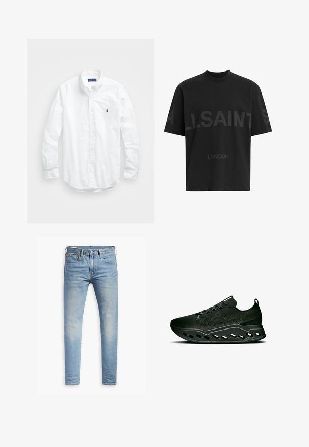 Weißes Langarm-Hemd aus Baumwolle mit Knopfleiste. Es zeichnet sich durch einen klassischen Kragen, Knopfmanschetten und ein kleines, navyblaues gesticktes Logo auf der Brust aus.; Schwarzes, übergroßes T-Shirt mit dunkelgrauem "ALLSAINTS"-Schriftzug über der Brust und "LONDON" in kleineren Buchstaben darunter.; Hellblaue Slim-Fit-Jeans mit leichtem Verblassen an den Oberschenkeln, vorderem Knopfverschluss, Gürtelschlaufen und Fünf-Taschen-Stil auf einem weißen Hintergrund.; On CLOUDSURFER MAX - Laufschuh Straße - black   eclipse