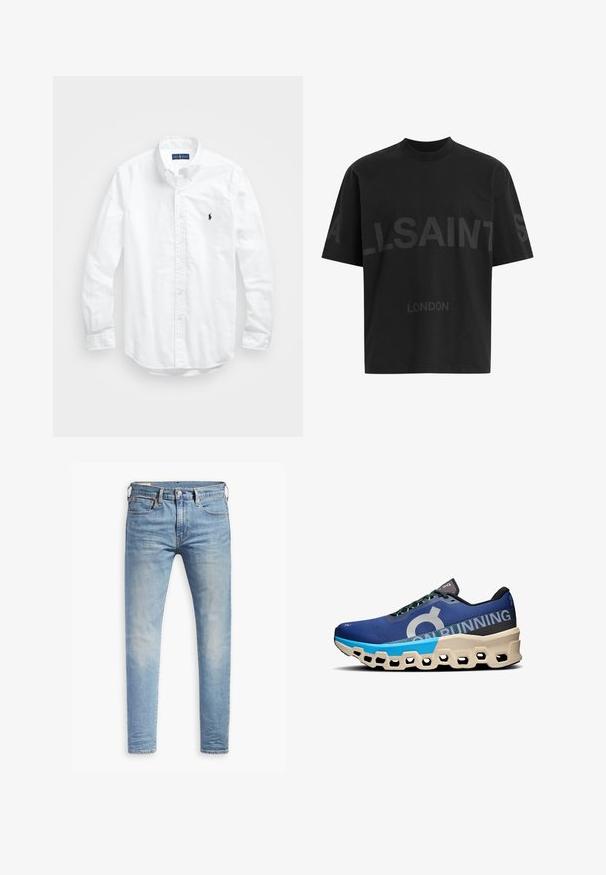 Valge pikkade varrukatega kotitõmblusega särk puuvillast. Omab klassikalist kraed, nööpidega mansette ja väikest tumesinist tikandit rinnal.; Musthave suuruses must T-särk tumedatest halli "ALLSAINTS" tekstiga rinnal ja väiksemate tähtedega all "LONDON".; Heledad hallidega helesinised kitsad teksad, millel on kerge kulumine reitel, ees nupuga sulgemine, vöölõngad ja viie taskuga stiil, valgel taustal.; Jooksujalats sinise võrkkattega, mustade aktsentidega, suure logo ja iseloomuliku kreemika põhjaga, millel on kuusnurksete lõigete muster.