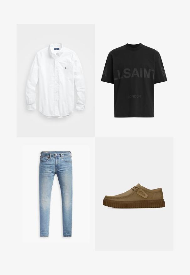 Valkoinen pitkähihaisessa napitetussa paidassa, joka on valmistettu puuvillasta. Siinä on klassinen kaulus, napilliset hihansuut ja pieni tummansininen brodeerattu logo rinnassa.; Mustat ylisuuret T-paidat, joissa on tummanharmaa "ALLSAINTS" -teksti rinnassa ja "LONDON" pienemmillä kirjaimilla alapuolella.; Vaaleansiniset slim fit -farkut, joissa on hieman haalistumista reiden kohdalla, edessä nappisuljenta, vyölenkit ja viisi taskua valkoista taustaa vasten.; Vaaleanruskeat mokkakengät, joissa on pyöreä kärki, ommeltuja yksityiskohtia ja uritettu ruskea kumipohja. Kengissä on myös sivulappu, jossa on "Clarks"-logo.