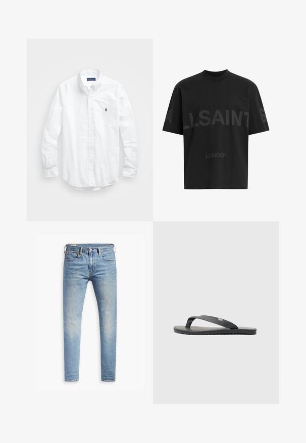 Hvit langermet skjorte i bomull med knapper. Har en klassisk krage, knappe mansjetter og en liten marineblå brodert logo på brystet.; Svart oversized T-skjorte med mørkegrå "ALLSAINTS" tekst over brystet og "LONDON" i mindre bokstaver under.; Lyseblå slim-fit jeans med svak falming på lårene, frontknappelukking, beltehemper, og fem-lomme design på hvit bakgrunn.; Svart flip-flop med teksturerte stropper, flat såle og taggete kant. Laget av gummi med en glatt overflate og minimalistisk design.