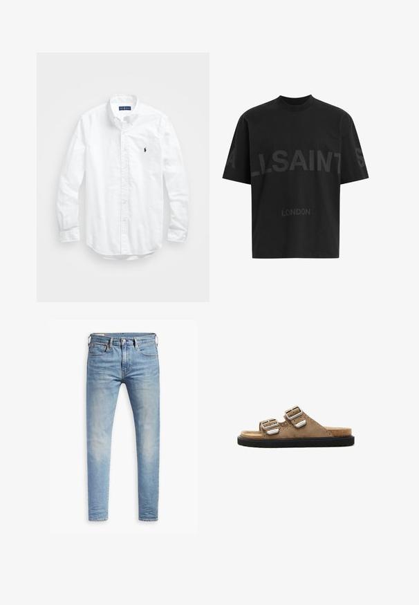 Biele dlhé rukávy košele so zapínaním na gombíky z bavlny. Má klasický golier, gombíkové manžety a malú tmavomodrú vyšitú logo na hrudi.; Čierne pánske oversized tričko s tmavosivým textom "ALLSAINTS" cez hruď a menšími písmenami "LONDON" pod ním.; Svetlo modré úzke džínsy s miernym prehrdzavením na stehnách, predným gombíkovým zapínaním, pútkami na opasok a štýlom s piatimi vreckami na bielom pozadí.; Hnedé semišové šľapky s dvoma nastaviteľnými striebornými prackami, čierna textúrovaná podrážka a perforované detaily v hornej časti.