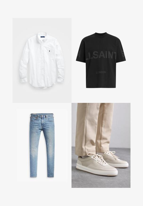 Valkoinen pitkähihaisessa napitetussa paidassa, joka on valmistettu puuvillasta. Siinä on klassinen kaulus, napilliset hihansuut ja pieni tummansininen brodeerattu logo rinnassa.; Mustat ylisuuret T-paidat, joissa on tummanharmaa "ALLSAINTS" -teksti rinnassa ja "LONDON" pienemmillä kirjaimilla alapuolella.; Vaaleansiniset slim fit -farkut, joissa on hieman haalistumista reiden kohdalla, edessä nappisuljenta, vyölenkit ja viisi taskua valkoista taustaa vasten.; Beige tennarit, joissa on teksturoitu päällinen, valkoiset pohjat ja tikatut yksityiskohdat, yhdistettynä beigeihin housuihin, esillä harmaalla pinnalla.