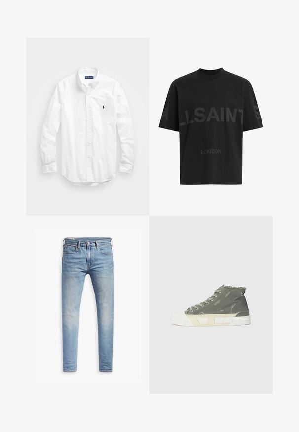 Fehér, hosszú ujjú, gombos férfiing pamutból. Klasszikus gallérral, gombos mandzsettával és egy kis sötétkék hímzett logóval a mellrészen.; Fekete pamut póló laza fazonnal, melyen nagy tónusos "ALLSAINTS" felirat és "LONDON" szöveg látható az elején. Rövid ujjú, kerek nyakú.; Világoskék, slim fit farmernadrág enyhe kopással a combokon, elöl gombos záródással, övbujtatókkal és öt zsebbel, fehér háttérrel.; Zöld vászon magas szárú sneaker fehér gumírozott orral és talppal. A dizájn jellemzője a foszlott szél és a finom textúrált minták.