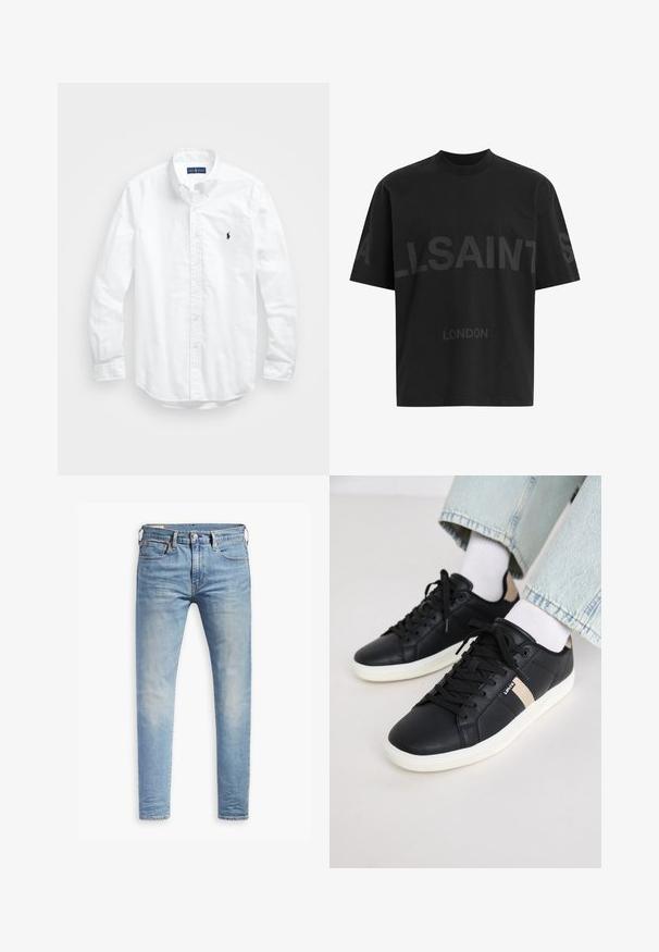 Camisa blanca de manga larga de algodón con botones. Presenta un cuello clásico, puños con botones y un pequeño logo bordado en azul marino en el pecho.; Camiseta negra de gran tamaño con el texto en gris oscuro "ALLSAINTS" en el pecho y "LONDON" en letras más pequeñas debajo.; Jeans ajustados de color azul claro con un ligero desgaste en los muslos, cierre frontal con botón, trabillas para cinturón y estilo de cinco bolsillos sobre un fondo blanco.; Zapatillas de cuero negras con suela crema, con una franja de acento beige y cordones negros. Superficie texturizada para mayor agarre.