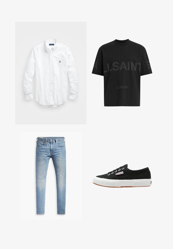 Weißes Langarm-Hemd aus Baumwolle mit Knopfleiste. Es zeichnet sich durch einen klassischen Kragen, Knopfmanschetten und ein kleines, navyblaues gesticktes Logo auf der Brust aus.; Schwarzes, übergroßes T-Shirt mit dunkelgrauem "ALLSAINTS"-Schriftzug über der Brust und "LONDON" in kleineren Buchstaben darunter.; Hellblaue Slim-Fit-Jeans mit leichtem Verblassen an den Oberschenkeln, vorderem Knopfverschluss, Gürtelschlaufen und Fünf-Taschen-Stil auf einem weißen Hintergrund.; Schwarze Leinenschuhe mit weißer Gummisohle und brauner Gummilaufsohle. Merkmale sind eine runde Zehenform, Schnürdesign und ein kleines Logoetikett an der Seite.
