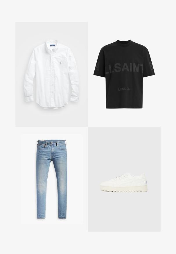 Hvit langermet skjorte i bomull med knapper. Har en klassisk krage, knappe mansjetter og en liten marineblå brodert logo på brystet.; Svart oversized T-skjorte med mørkegrå "ALLSAINTS" tekst over brystet og "LONDON" i mindre bokstaver under.; Lyseblå slim-fit jeans med svak falming på lårene, frontknappelukking, beltehemper, og fem-lomme design på hvit bakgrunn.; Hvite sneakers med en glatt læroverdel, perforert tå og teksturerte detaljer. Har en tykk gummisåle og minimal merkevaredetalj.