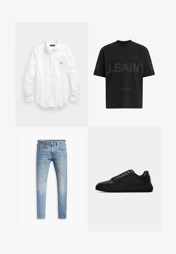 Bijela košulja dugih rukava s gumbima izrađena od pamuka. Ima klasični ovratnik, gumbaste manžete i mali brodasti logo u tamnoplavoj boji na prsima.; Crna majica od pamuka opuštenog kroja s velikim toniranim natpisom "ALLSAINTS" i tekstom "LONDON" na prednjoj strani. Kratki rukavi, okrugli izrez.; Svijetloplave uske traperice s laganim izblijedjenjem na bedrima, prednje kopčanje na dugme, petlje za remen i pet džepova na bijeloj pozadini.; Crni niskoprikazni tenisice s vezicama i teksturiranom potplatom, s diskretnim logotipom Calvin Klein Jeans na strani.