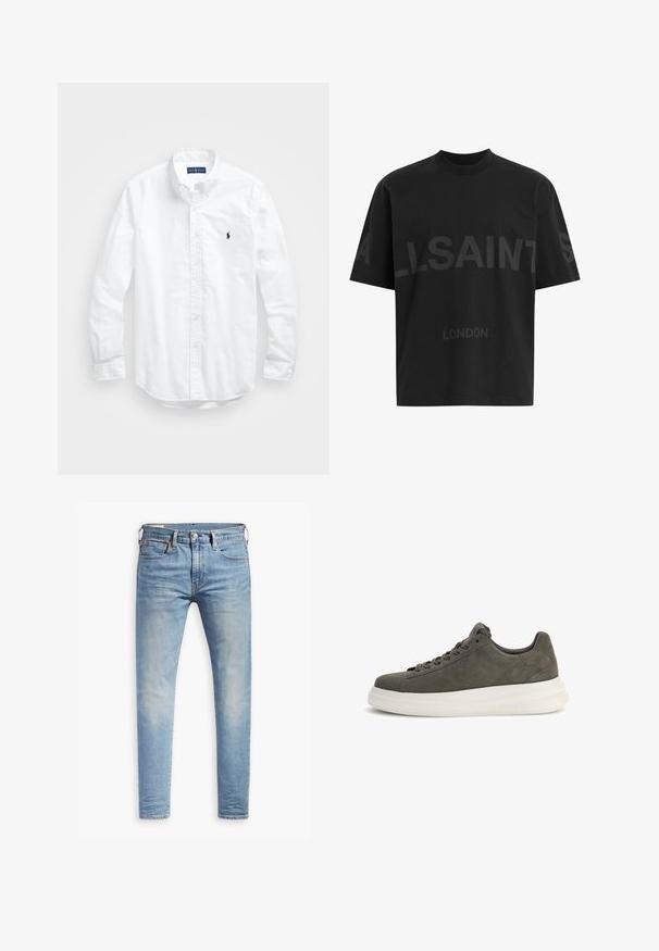 Camicia bianca a maniche lunghe con bottoni in cotone. Presenta un colletto classico, polsini a bottone e un piccolo logo ricamato in blu navy sul petto.; T-shirt nero oversize con il testo grigio scuro "ALLSAINTS" sul petto e "LONDON" in lettere più piccole sottostante.; Jeans slim fit blu chiaro con leggere sfumature sulle cosce, chiusura con bottone anteriore, passanti per cintura e cinque tasche su uno sfondo bianco.; Guess ELBA - Sneakers basse - mehrfarbig grau
