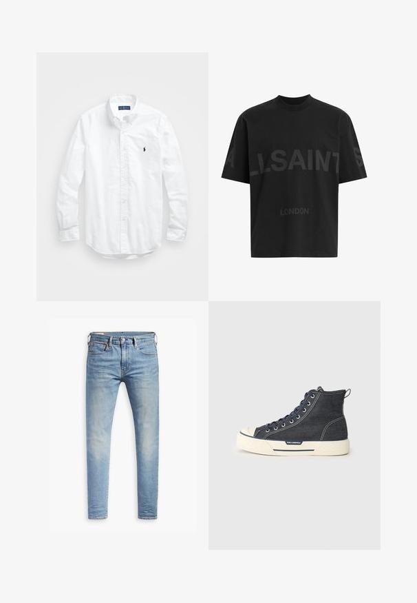 Valge pikkade varrukatega kotitõmblusega särk puuvillast. Omab klassikalist kraed, nööpidega mansette ja väikest tumesinist tikandit rinnal.; Musthave suuruses must T-särk tumedatest halli "ALLSAINTS" tekstiga rinnal ja väiksemate tähtedega all "LONDON".; Heledad hallidega helesinised kitsad teksad, millel on kerge kulumine reitel, ees nupuga sulgemine, vöölõngad ja viie taskuga stiil, valgel taustal.; Tumed denimist valmistatud kõrged spordijalatsid, millel on kreemivärvi kummist tald, meresinine pael ja taga kinnitamiseks tõmbeaas. Küljel logo.