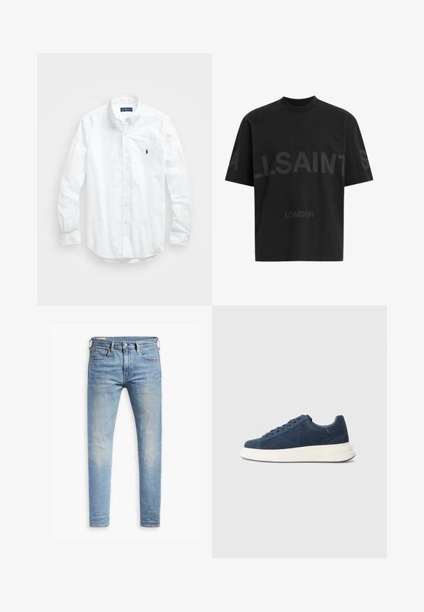 Camisa de botões de manga longa branca em algodão. Apresenta um colarinho clássico, punhos com botão e um pequeno logótipo bordado em azul-marinho no peito.; T-shirt oversized preta com texto em cinza escuro "ALLSAINTS" ao longo do peito e "LONDRES" em letras menores abaixo.; Jeans slim fit em azul claro com leve desbotamento nas coxas, fecho frontal por botão, passantes para cinto e estilo de cinco bolsos sobre um fundo branco.; Ténis em camurça azul-marinho com sola de borracha branca, apresentando seis ilhós, um forro texturizado e um design minimalista com detalhes de costura discretos.