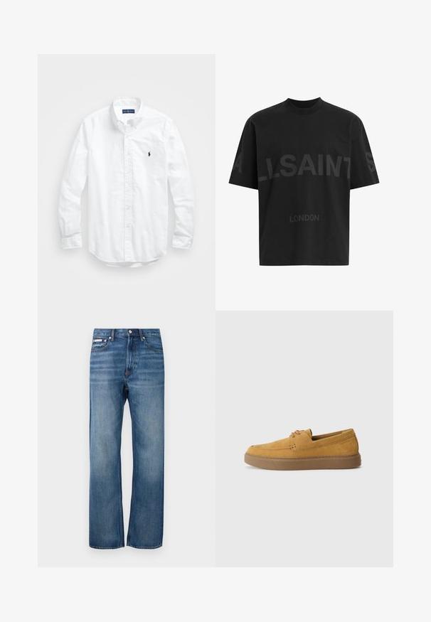 White long-sleeve button-up shirt in cotton. Features a classic collar, button cuffs, and a small navy embroidered logo on the chest.; Black oversized T-shirt with dark grey "ALLSAINTS" text across chest and "LONDON" in smaller letters below.; Blue straight-leg denim jeans with slight fading, front button closure, and a small logo tag on the right front pocket.; Brown suede slip-on shoes with a textured finish, round toe, and contrasting rubber sole. Features subtle branding near the heel.